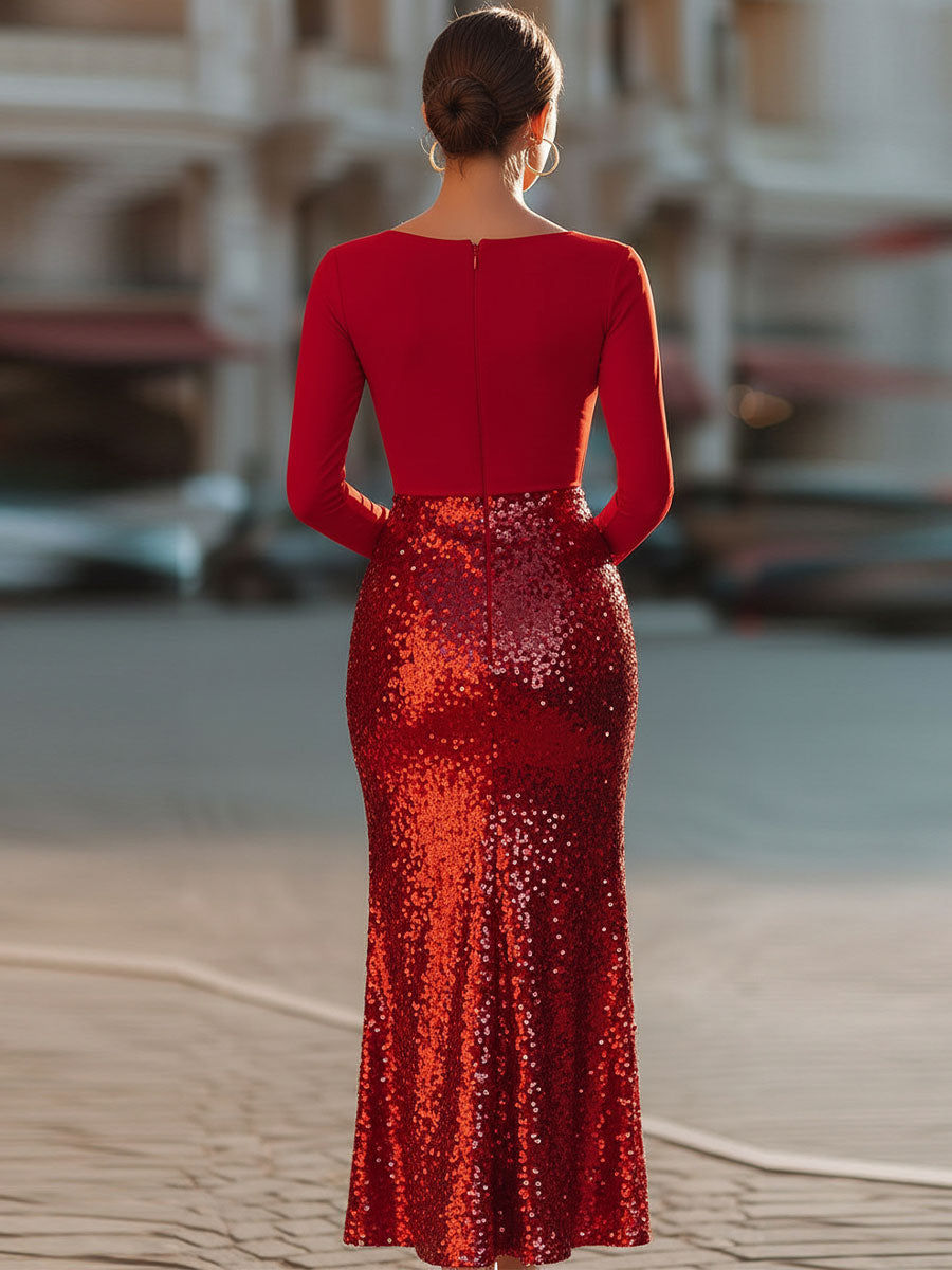 Radiant Red Two-Tone Sequin Midi Dress