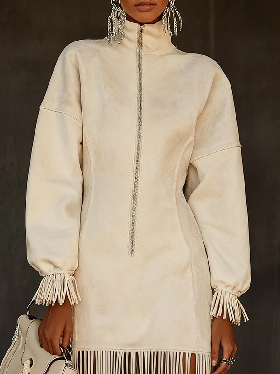 Casual White Stand Collar Long Sleeve Half-Zip Fringe Suede Mini Dress