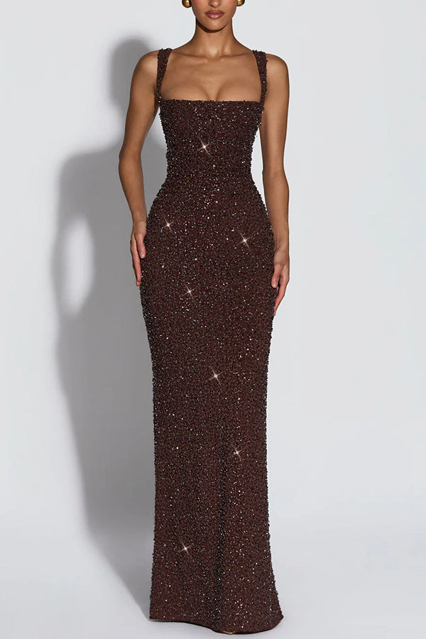 Vestido largo Calanthe de gasa con lentejuelas, fruncido, escote cuadrado y espalda con cordones