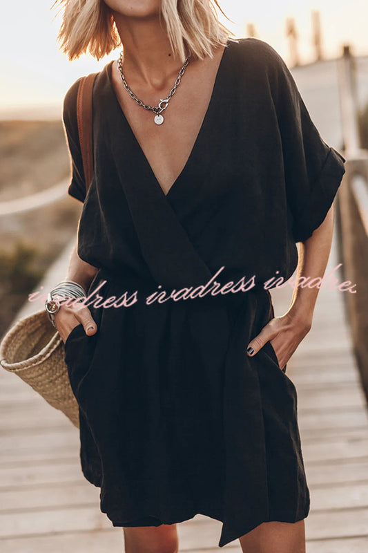Vestido mini kimono con cinturón y bolsillos en mezcla de lino y algodón Breezy Retreat