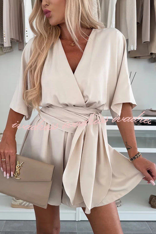Stylish Comfortable V-neck Wide Sleeve Tie-up Loose Romper