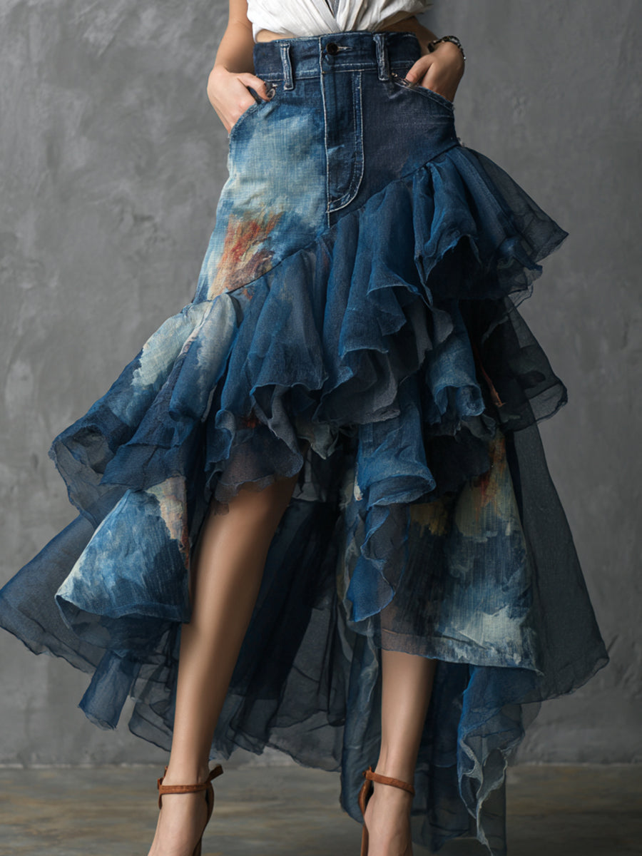 sheenchic Dark Blue Denim Printed Asymmetrical Ruffled Mesh Maxi Skirt