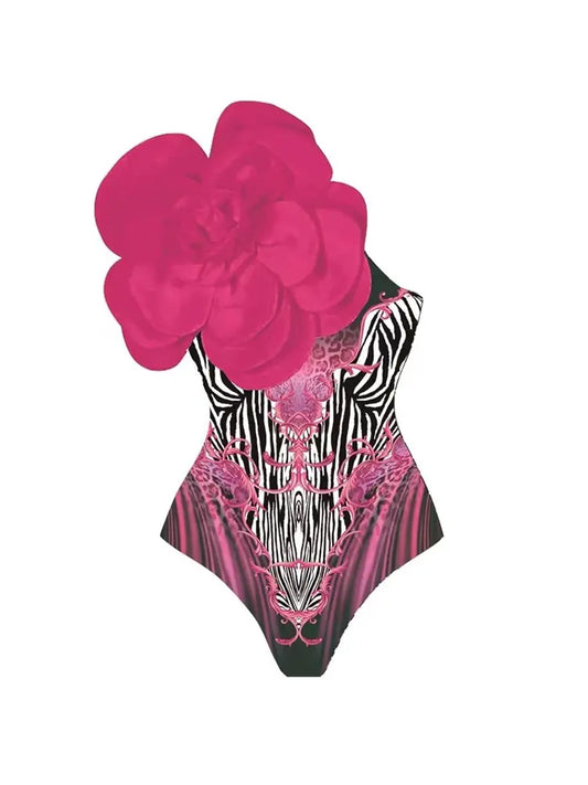 3D Fuchsia Floral Bust Decor Printed Swimsuit