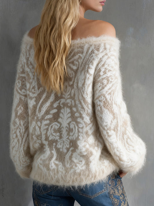 sheenchic Off Shoulder Flare Sleeve Floral Pattern Plush Trim Sweater