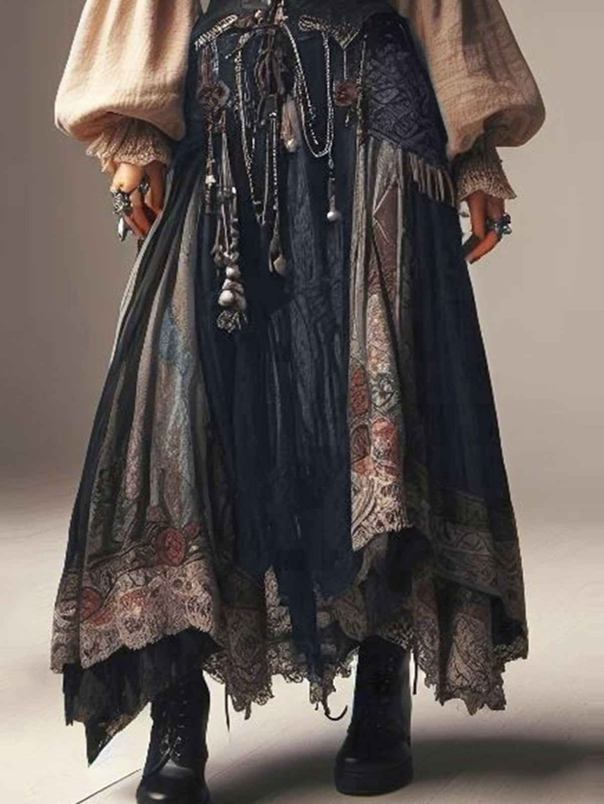 Vintage Graphic Print Layered Irregular Hem Maxi Skirt