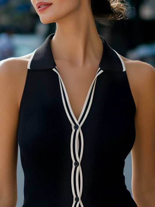 Contrast-Trim Sleeveless Knit Vest With Button Detail