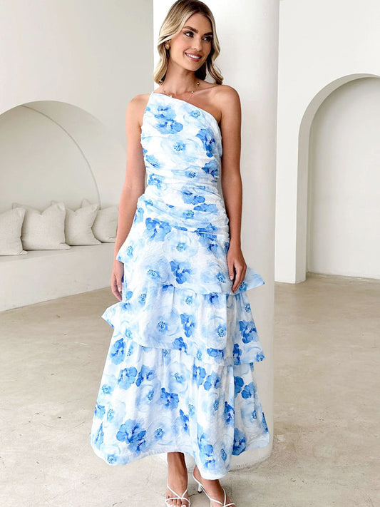 One-Shoulder Strappy Floral Print Dress