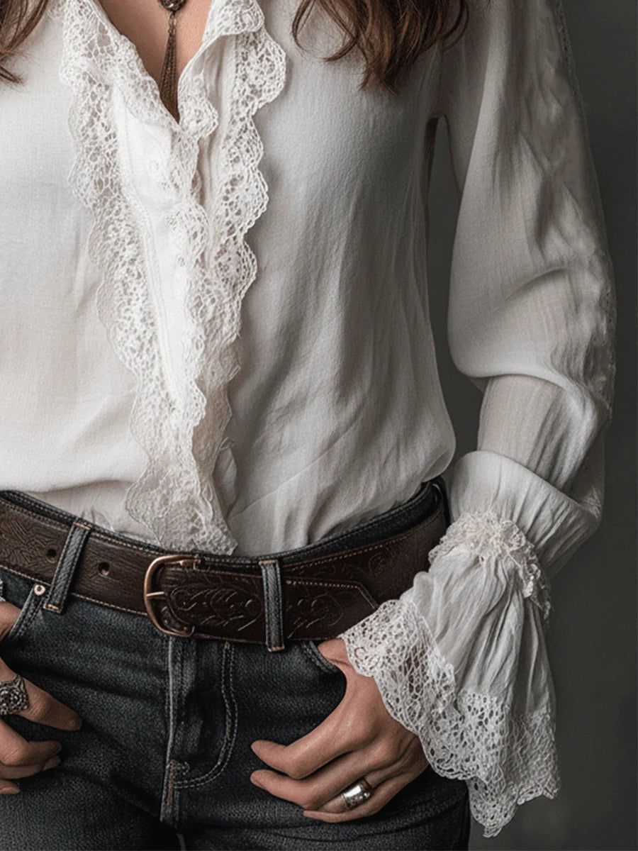 Daily White Stand-Up Collar Flare Long Sleeve Ruffle Casual Contrast Lace Blouses