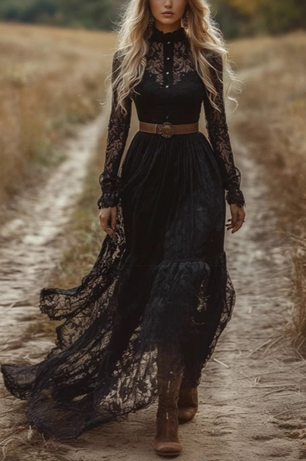 Elegante vestido maxi ajustado de fiesta con mangas largas y encaje calado