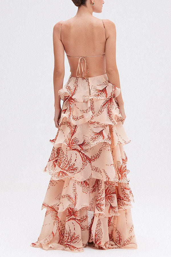 Ariae Butterfly Print Multi-layered Ruffles Backless Tie-up Maxi Dress