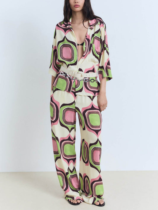 Unique Painted Geometric Print Mid-sleeve Shirt