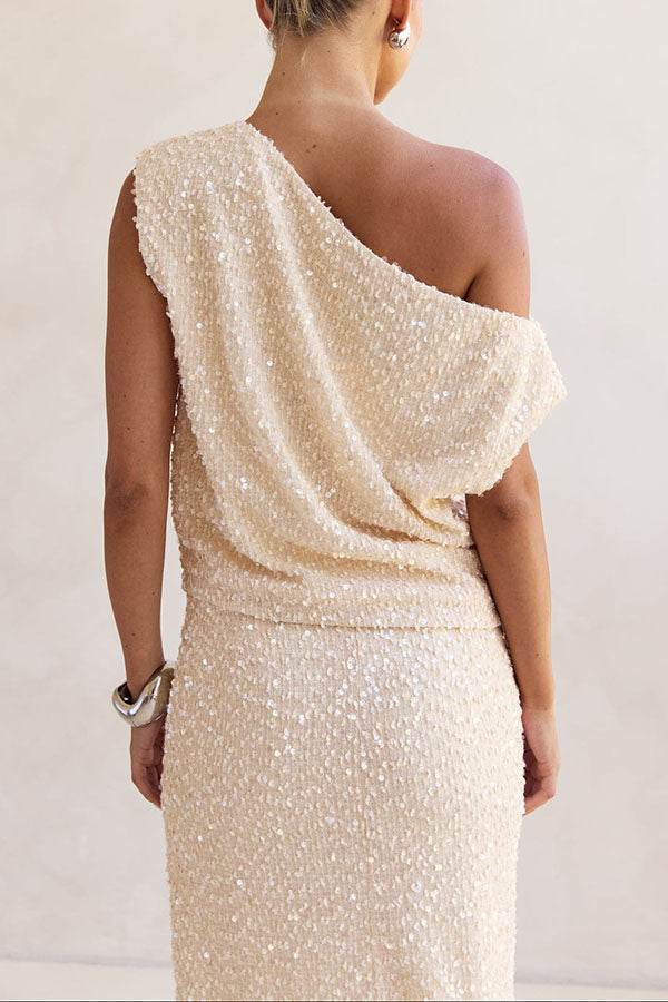 Milla Knit Sequin Asymmetrical Neck Draped Loose Top