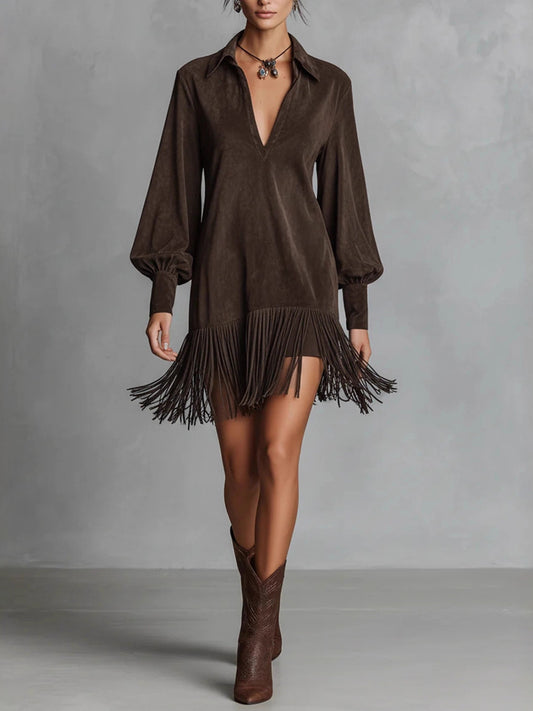 Daily Brown V Neck Lantern Sleeve Long Sleeve Strappy Western Contrast Chamois Mini Dresses