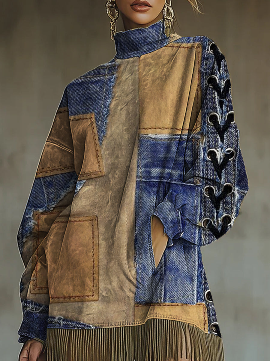 sheenchic Festival Brown High Collar Lantern Sleeve Long Sleeve Strappy Western Contrast Mini Dresses