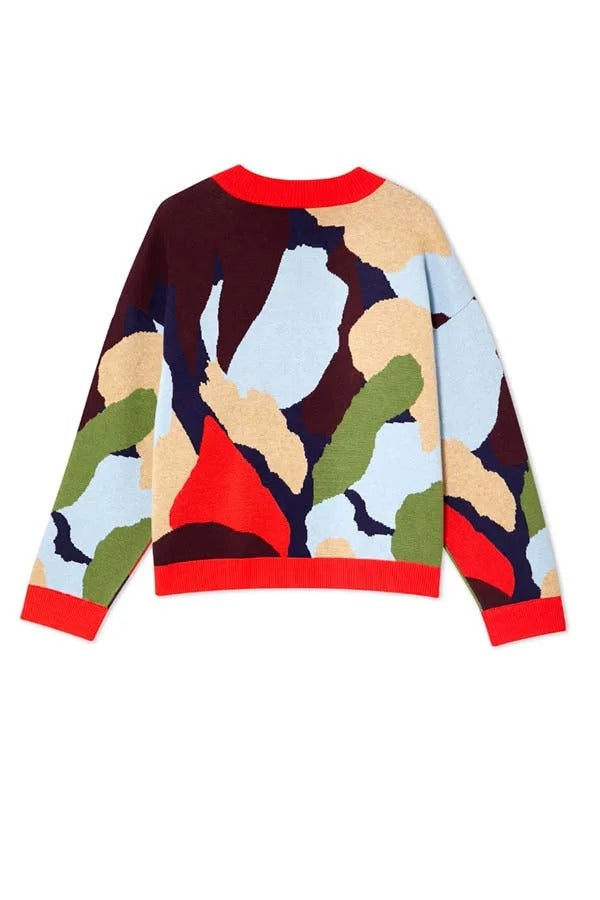 Cárdigan holgado de manga larga con botones y bloques de colores abstractos de punto brillante y atrevido