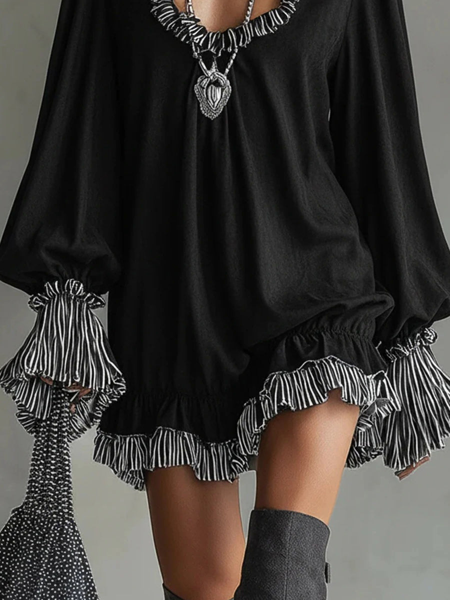 Daily Black Striped V Neck Long Sleeve Ruffled Vintage Contrast Mini Dresses