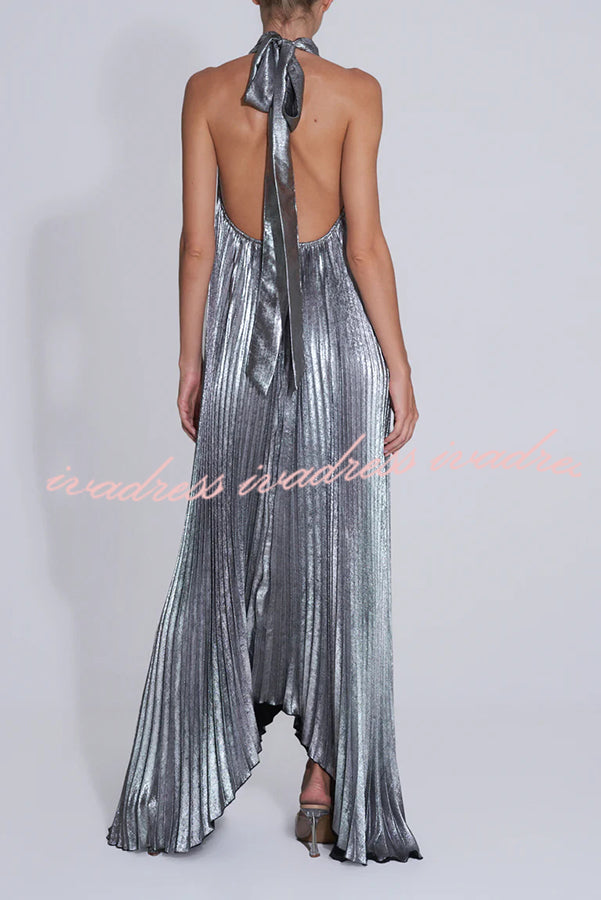 Celebration Party Pleated Metallic Fabric High Deep V-cutout Halter Neck A-line Maxi Dress