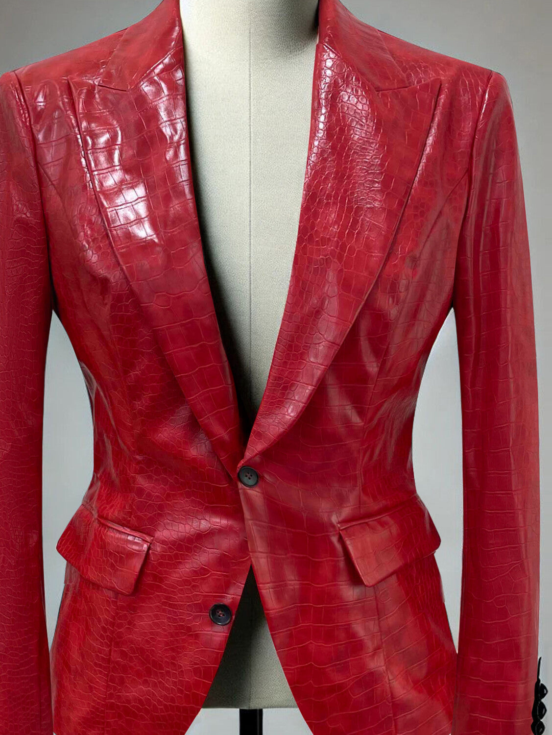 sheenchic PU Leather Crocodile Pattern Peak Lapel Two Button Blazer