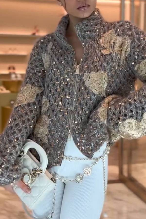 Chaqueta de punto jacquard con lentejuelas de peso pesado y cremallera