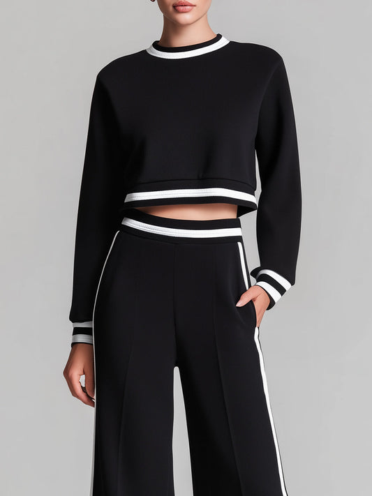 Black Cropped Sweatshirt & Wide-Leg Pants Set