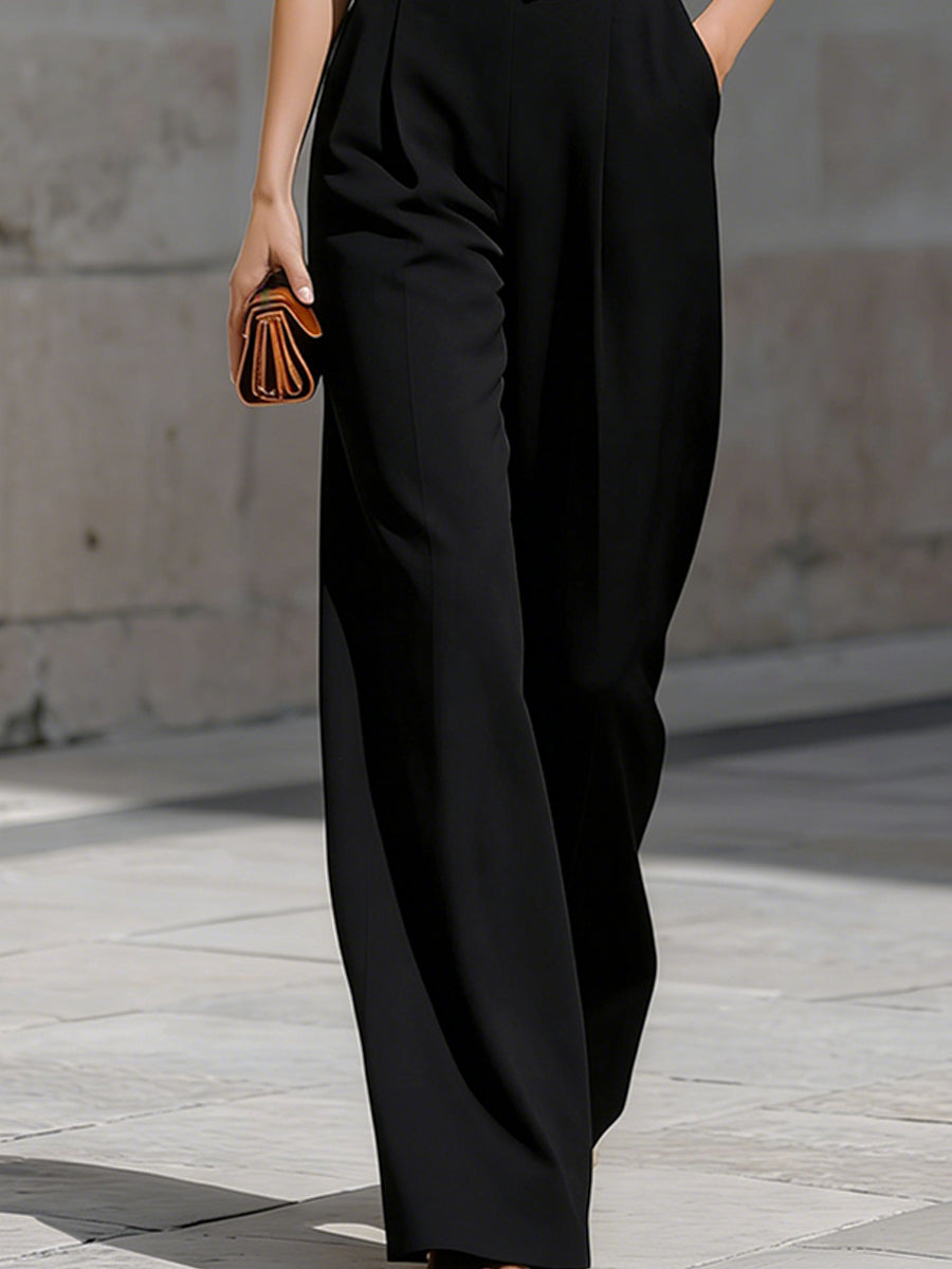 Black Cropped Zip-Up Vest & Wide-Leg Pants Set