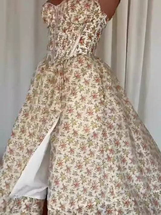 Backless Floral Slit Midi Dress