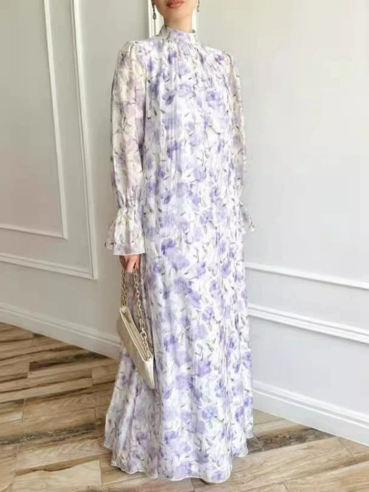 Purple White Floral Chiffon Maxi Dress