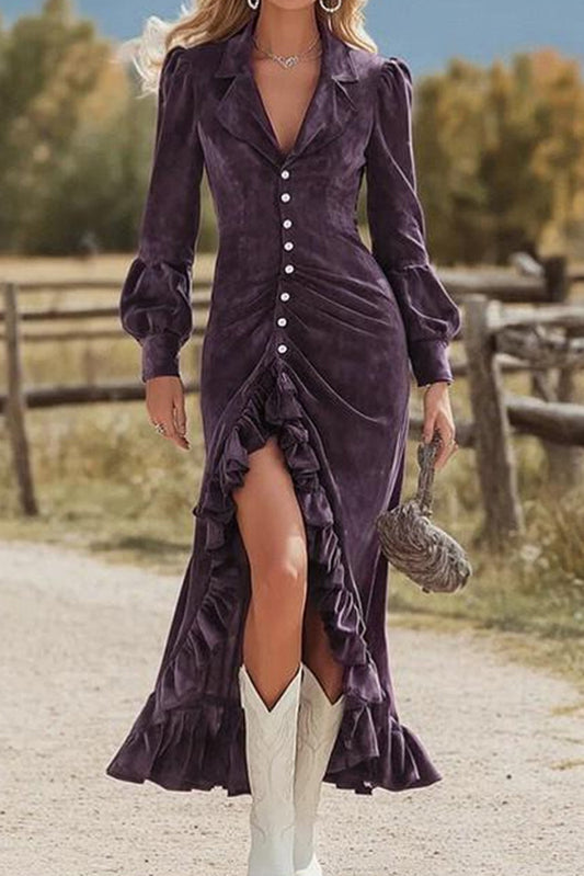 Elegante vestido midi plisado con volantes, manga larga y botonadura sencilla