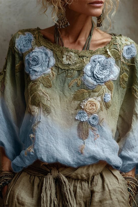 Bohemian Floral Print Round Neck Long-sleeved Loose Top