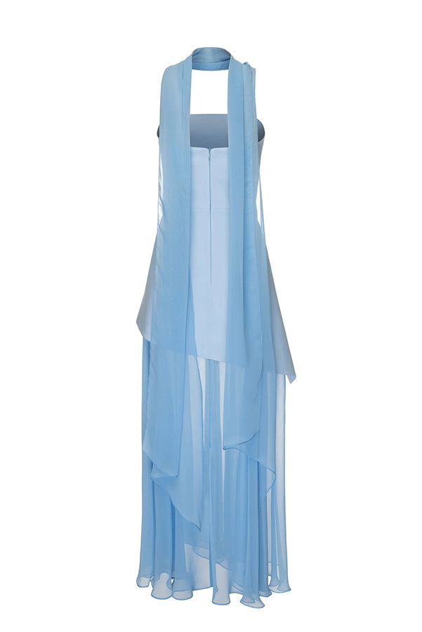 Vestido largo Monaco con hombros descubiertos, estructurado, de gasa y bajo con abertura