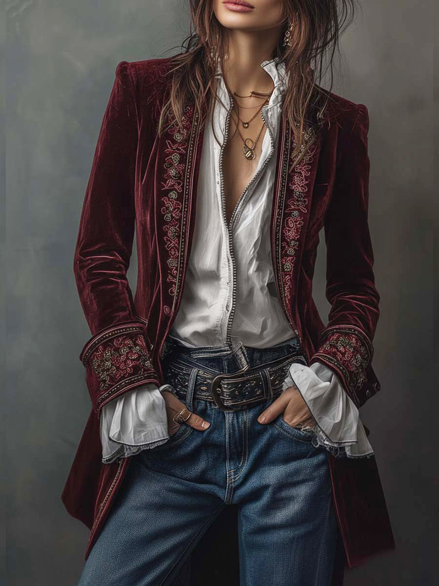 Business Casual Navy Blue Long Sleeve Embroidery Western Pocket Velvet Jacket