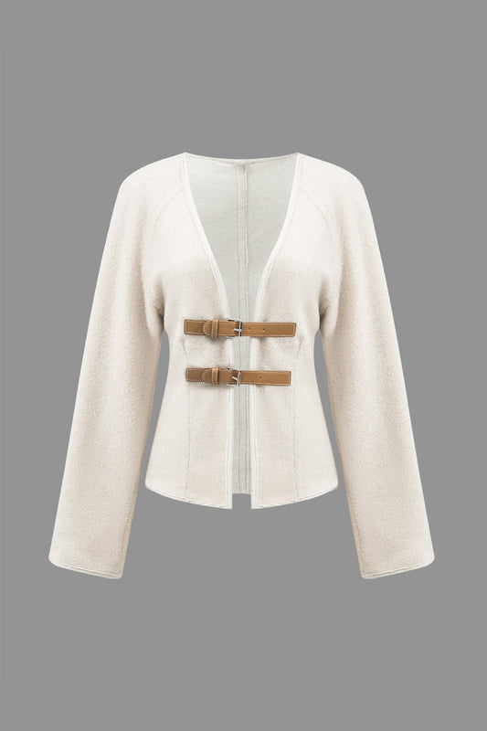 Solid Belted V-neck Jacket