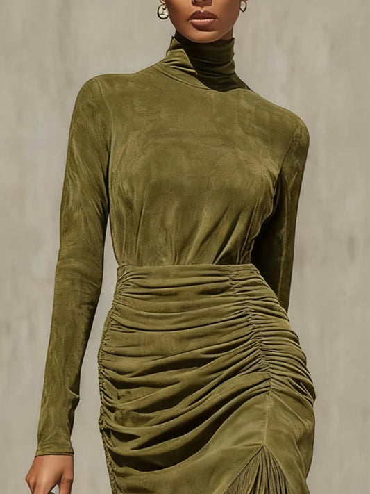 Daily Army Green High Collar Long Sleeve Ruffled Western Strappy Chamois Midi Dresses