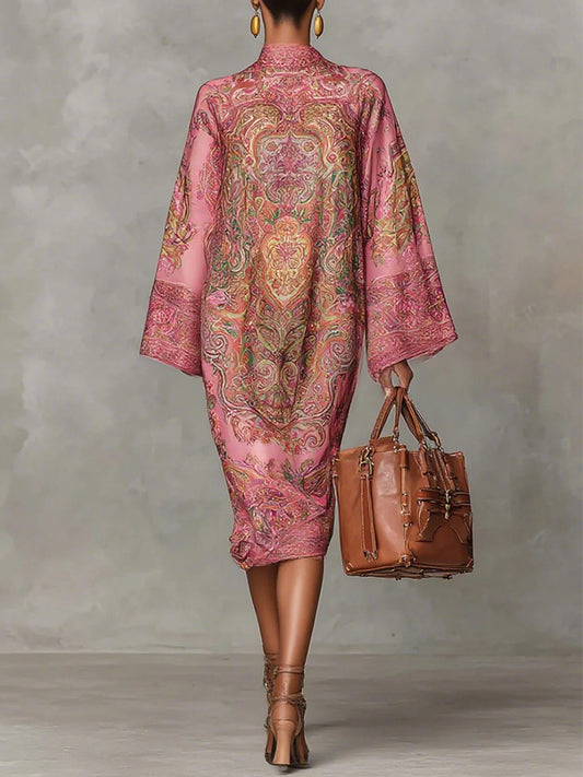 Daily Pink Paisley Mock Neck Long Sleeve Boho Midi Dresses