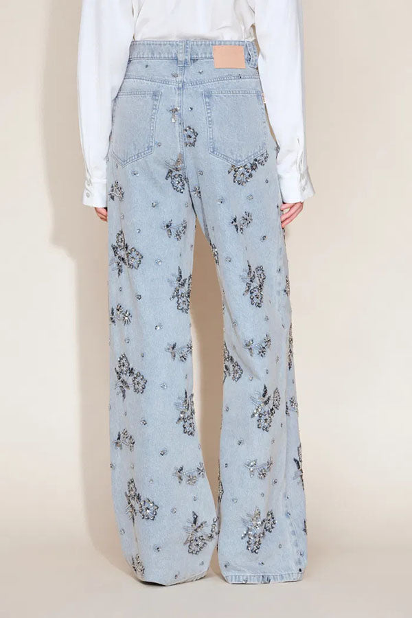 Jhenie Denim Beaded Sequin Floral Pattern Mid Rise Pocket Wide Leg Jeans