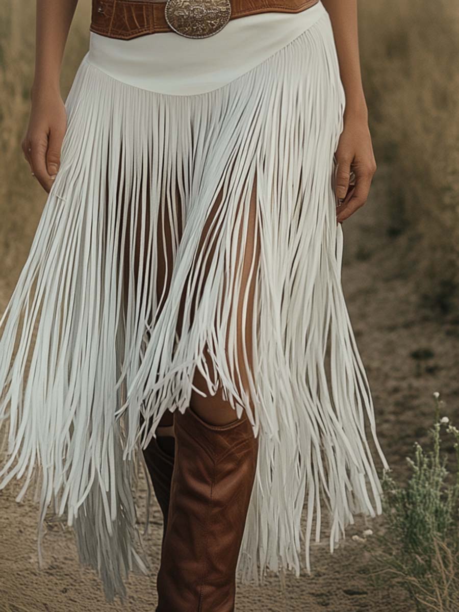 【24-hour shipping out】Retro Premium Western Style Brown Belt White Suede Tassel Skirt