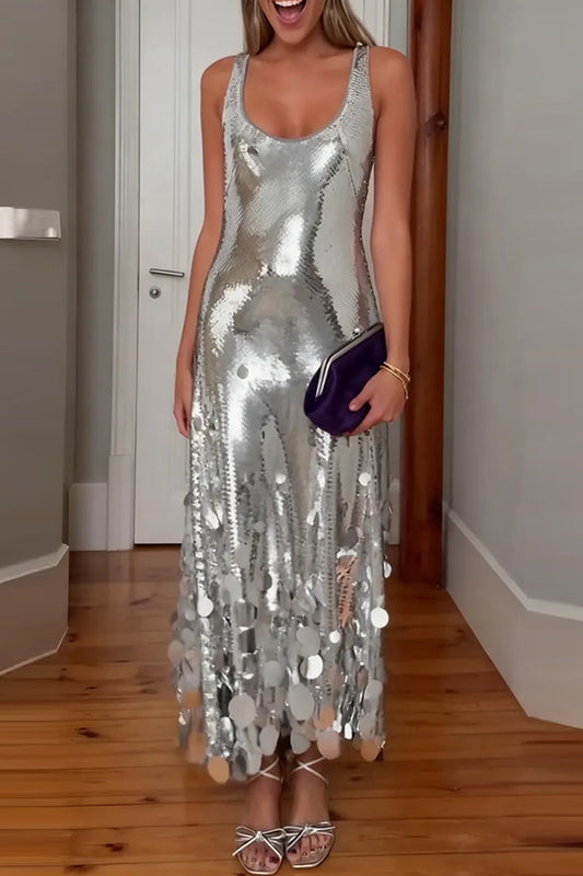 Party Tips Sequin Irregular Round Tassels Hem Back Cutout Tank Maxi Dress