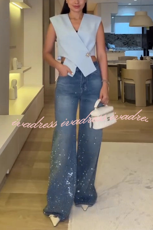 Fashion Star Rhinestone High Rise Casual Pocket Straight Loose Jeans