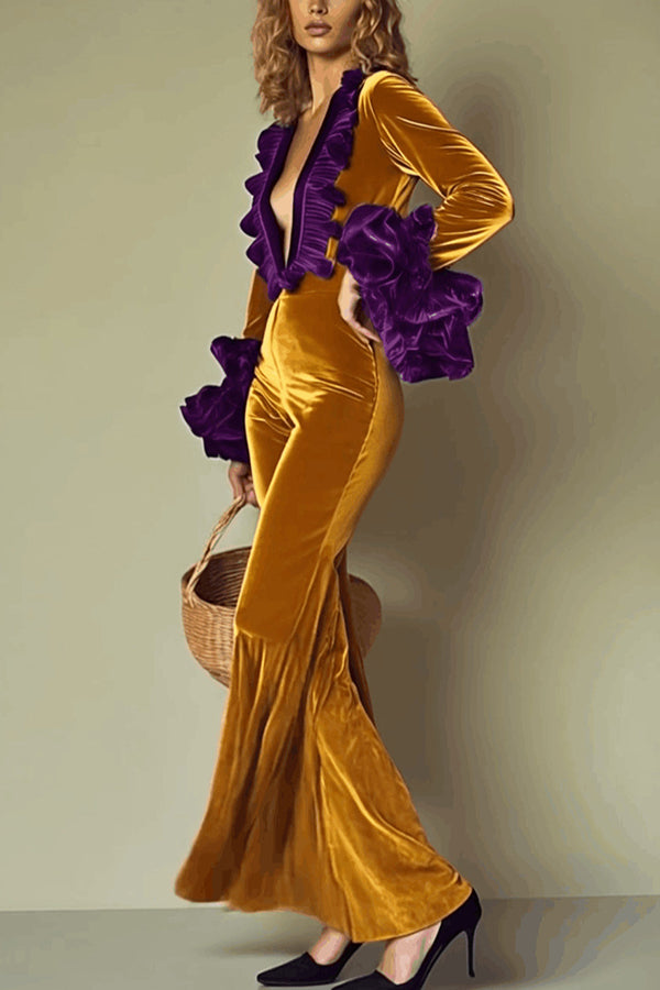 Gold Velvet Contrast Color Stitching Long-sleeved V-neck Jumpsuit