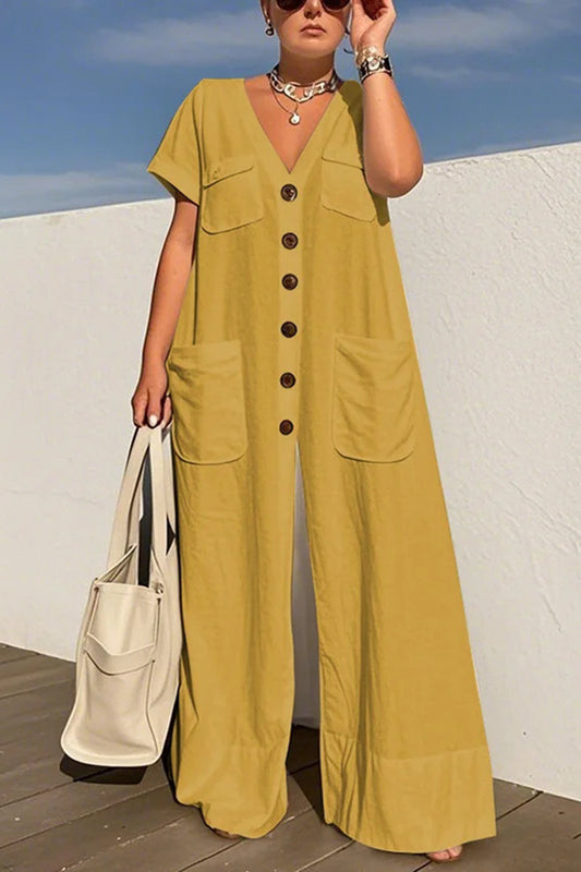 Solid Color V-neck Single-breasted Pocket Loose Casual Jumpsuit