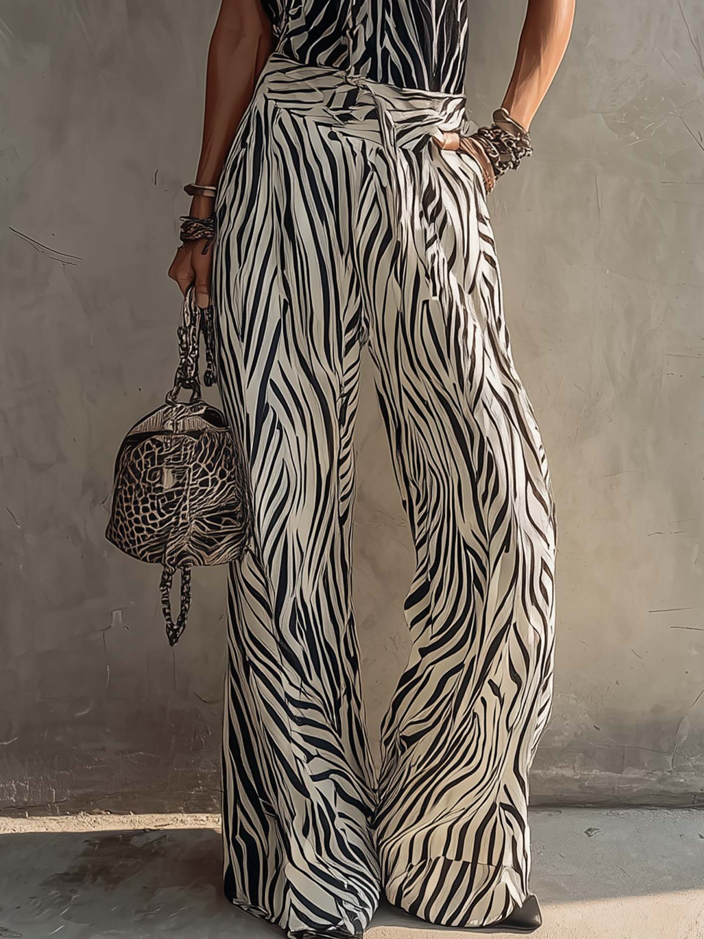 Black And White Zebra Print Halter Chiffon Top And Wide Leg Pants Set