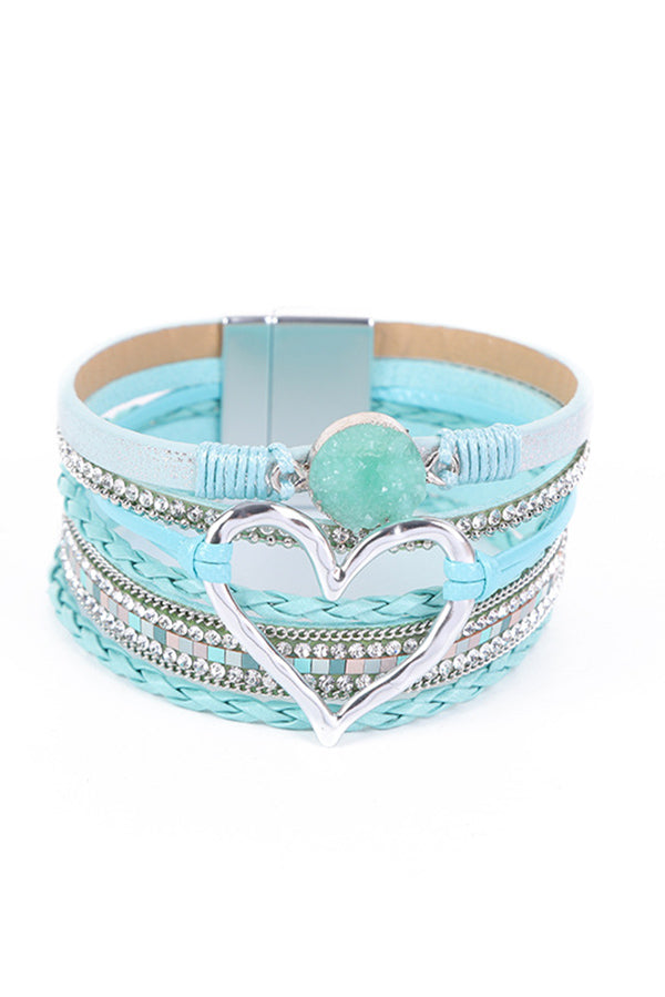 Bohemian Leather Cord Multi-layered Raw Stone Heart Bracelet