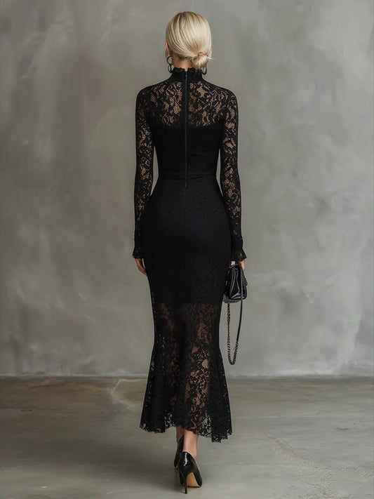 Daily Black High Collar Long Sleeve Mermaid Vintage See Through Lace Midi Dresses