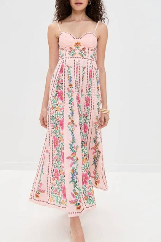Vestido largo con tirantes de cuentas, escote corazón y estampado único de bosque delicado