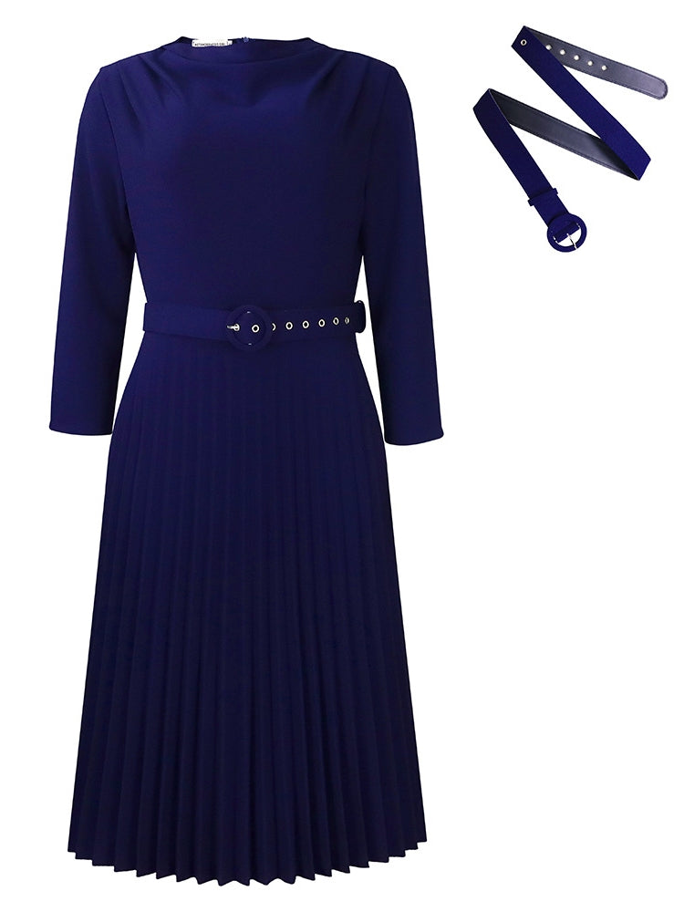 Elegant Solid Color Pleated Dress with Belt