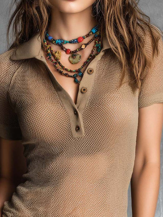 Bohemian Sheer Knit Polo Top