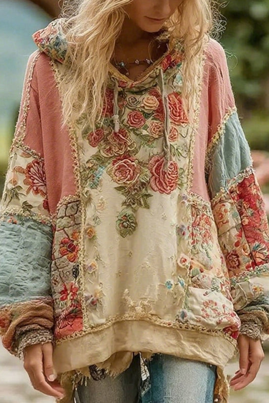 Floral Print Loose Hooded Long-Sleeved Sweatshirt