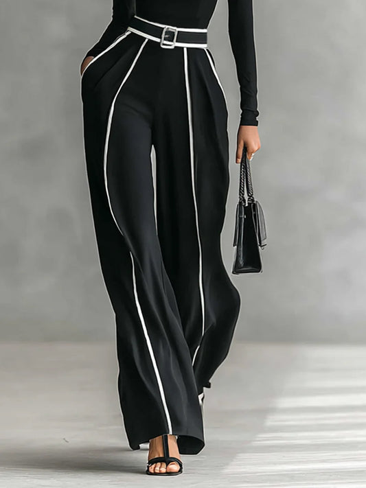 Elegant Black Knitted Contrast Binding Long Sleeve Top & Wide Leg Pants 2Pcs Set