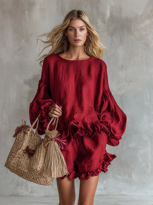 Vintage And Elegant Ruffled Red Cotton And Linen Shirt And Shorts Set