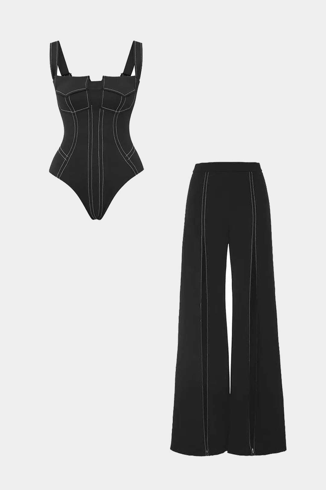 Stitching Bodysuit And Wide Leg Trousers Set